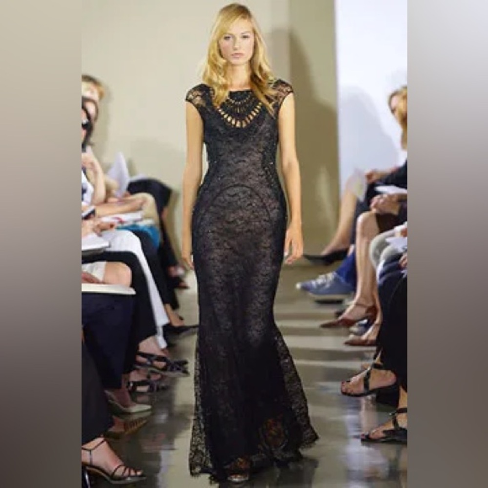 Badgley Mischka Vintage Runway Beaded Black Lace Maxi Y2K 4